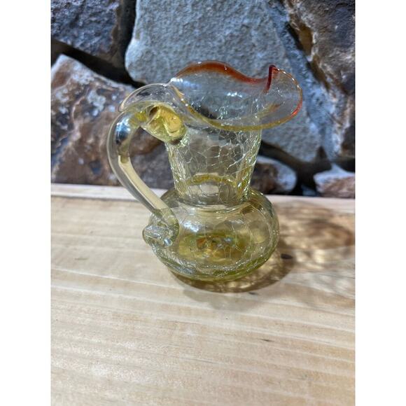 Vintage Amber Crackle Glass Small Pitcher w/ handle. Ruffle Lip. 4" tall. - Picture 4 of 7